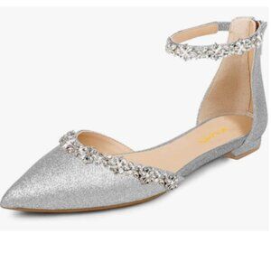 XYD Silver-glitter Pointed Toe D'Orsay Wedding Flat Sparkly Rhinestones Sandals